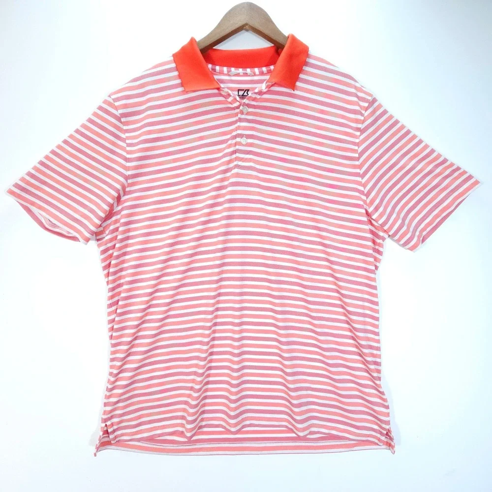 Cutter & Buck Polo Mens XL Orange White Stripe Y2K Golf Shirt CB DryTec UPF 50+ - Picture 1 of 7